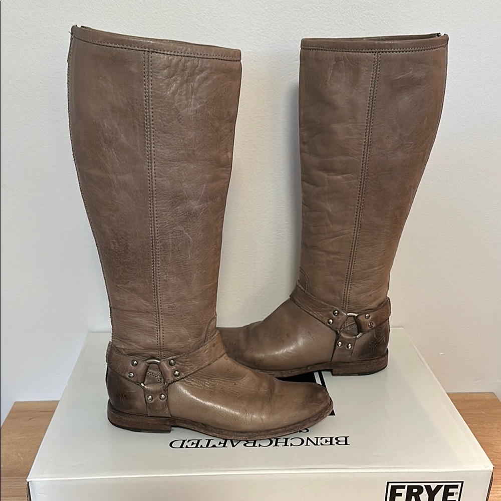 Frye Phillip Harness Tall Grey Over the Knee Boots with Harness Detail